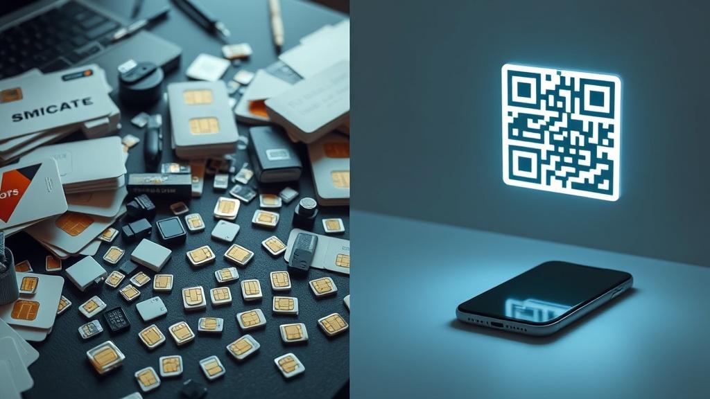 Physical SIM clutter (left) vs eSIM simplicity (right).