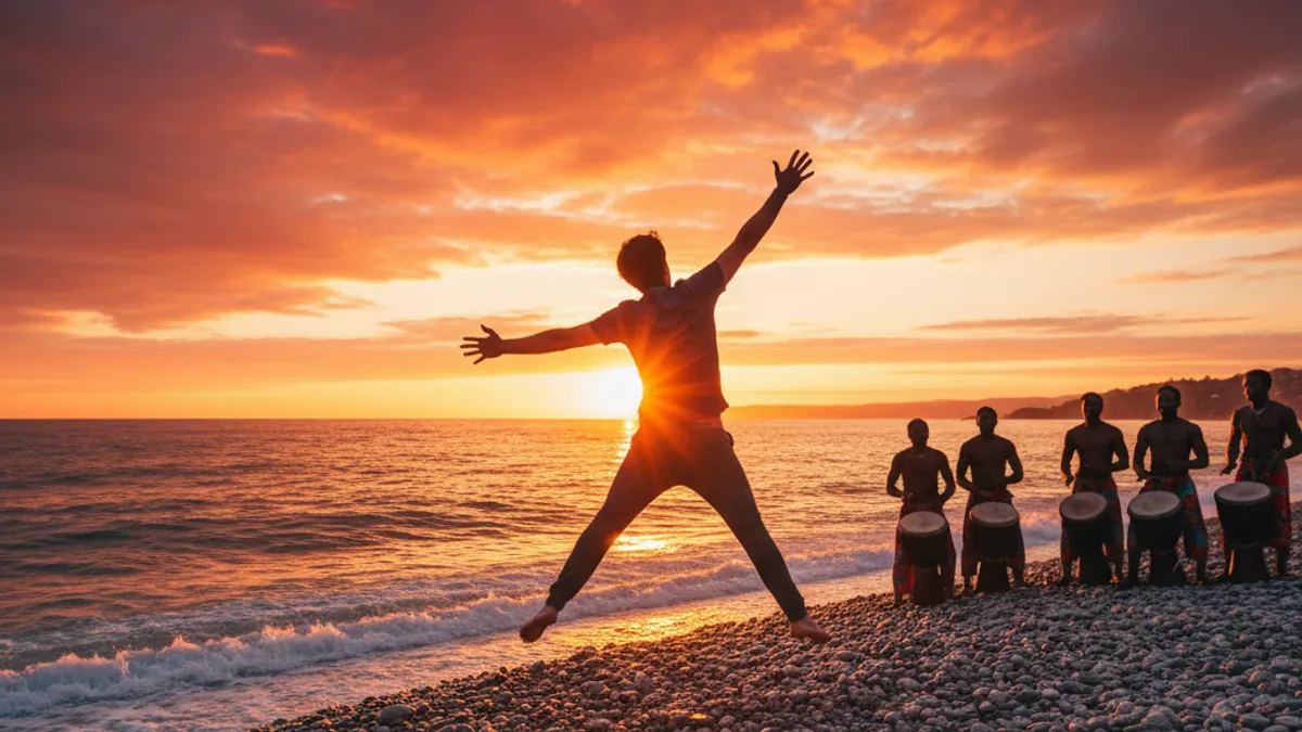 Person jumping mid-air on Benirras beach at sunset with drummers silhouetted behind