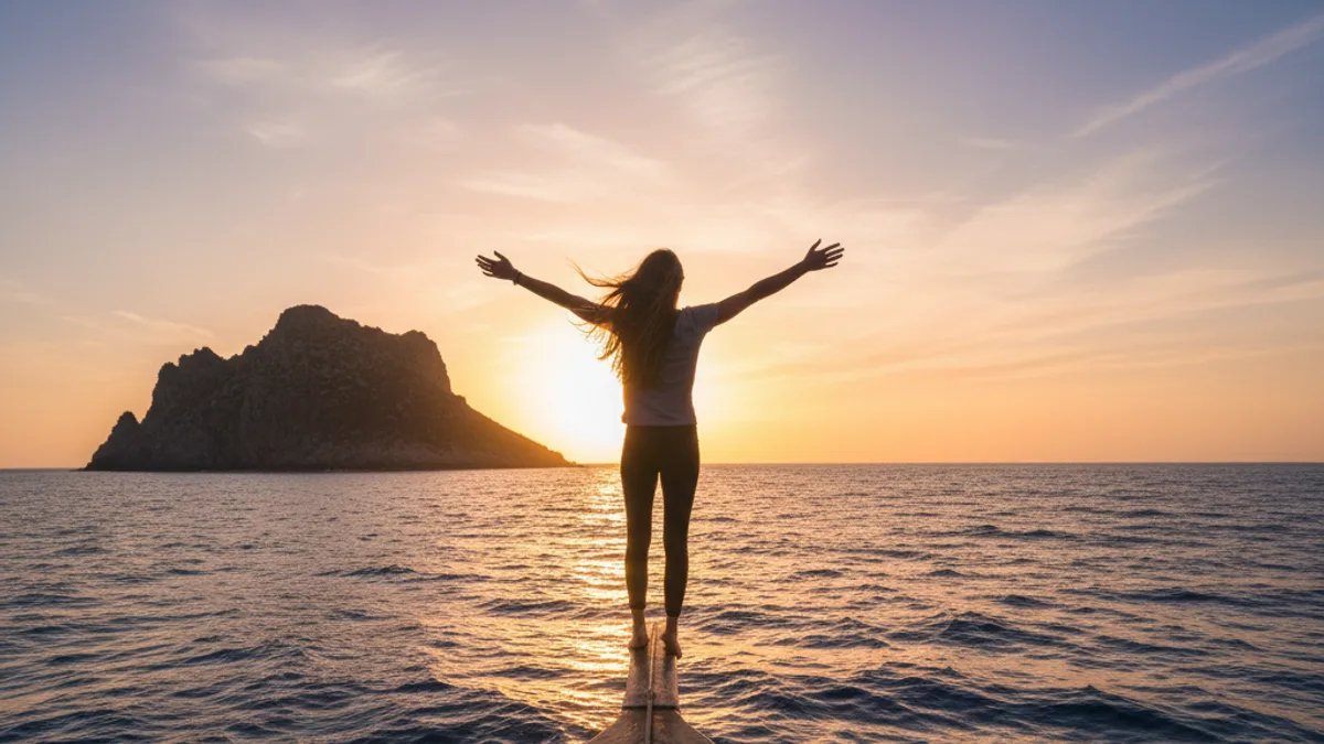 Traveler at the bow of a boat, arms out and hair in the wind on the Mediterranean