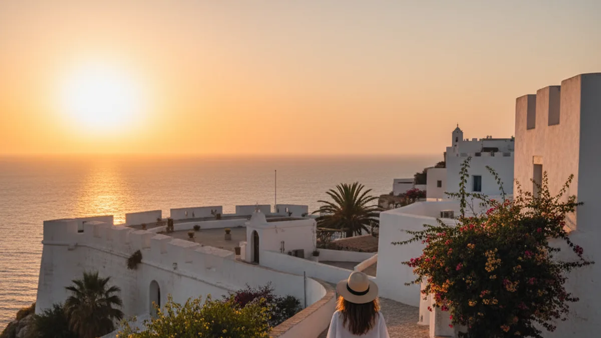 Traveler in white walking away up the cobbled ramparts of Dalt Vila at golden hour