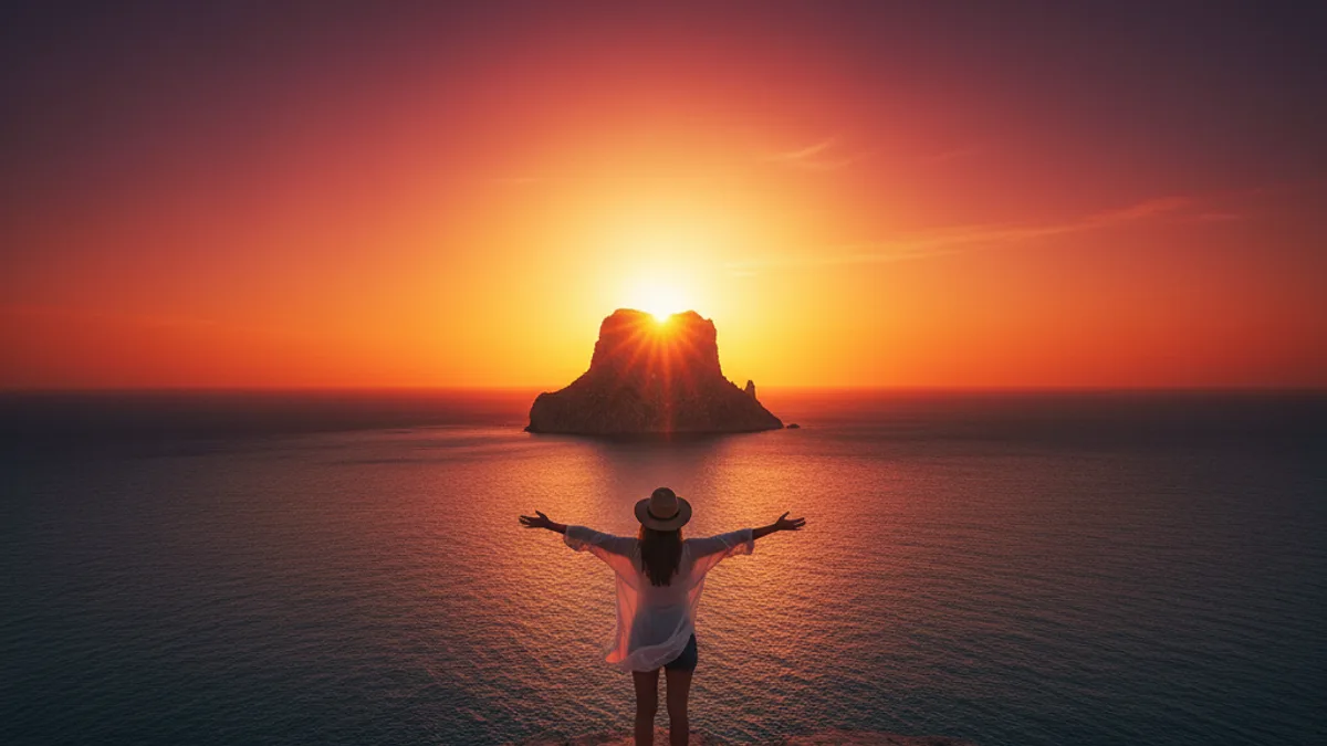 Traveler with arms spread wide, silhouetted against the sunset behind Es Vedra