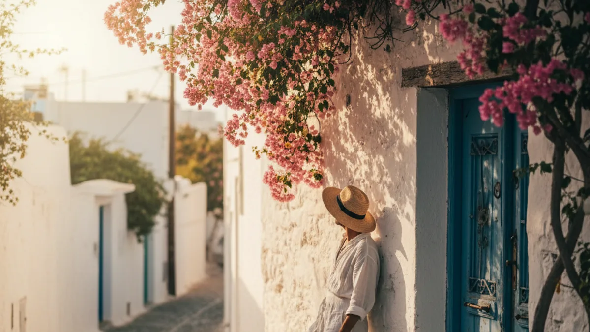 Traveler leaning against a whitewashed wall beside a bougainvillea-framed blue door
